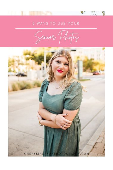 graphic with words 5 ways to use your senior photos with a photo of a blond senior girl in a green dress hugging her elbows and smiling softly in downtown OKC