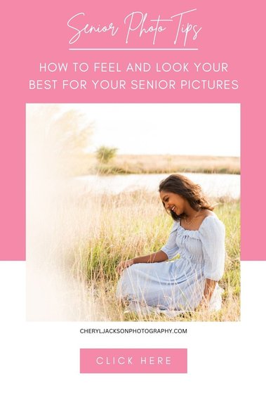 pink pinterest graphic with words Senior Photo Tips: How to feel and look your best for your senior pictures with a photo of a senior girl sitting in a field and smiling