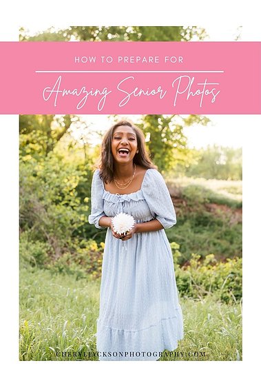 pink and white graphic of a girl senior picture with words how to prepare for amazing senior photos