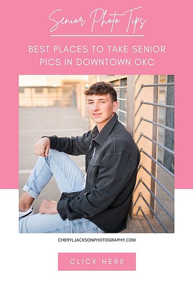 graphic with words Senior Photo Tips, Best Places to take senior pics in downtown OKC and a photo of a senior boy on a parking garage rooftop