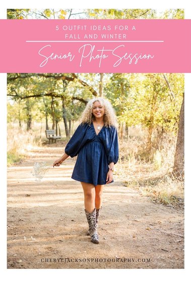 graphic with words 5 outfit ideas for a fall and winter senior photo session with a picture of a senior girl in a blue dress with cowboy boots carrying flowers taken at Martin Nature Park in Oklahoma City