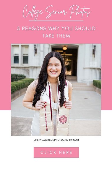 graphic with words 5 reasons why you should take college senior photos with a picture of a college senior girl on the OU campus in Norman, Oklahoma