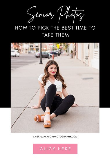 graphic with a girl senior picture in OKC and the words Senior Photos: how to pick the best time to take them