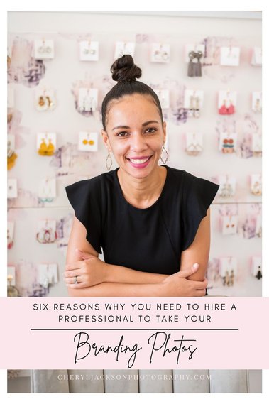 graphic with words six reasons why you need to hire a professional to take your branding photos over a headshot of a woman in black dress boutique owner with earring wall behind her