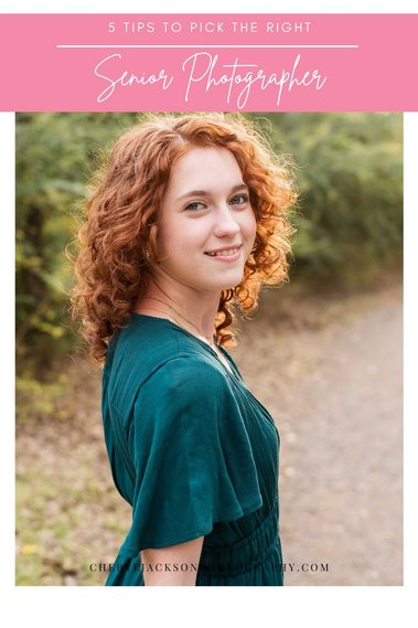 graphic with words 5 tips to pick the right senior photographer with a photo of a red headed girl wearing a green dress smiling over her shoulder on a wooded path