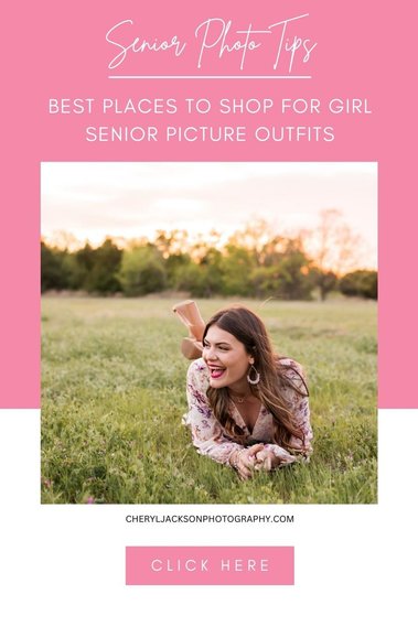 pin graphic saying Best Places to Shop for Girl Senior Picture Outfits with a photo of a senior girl wearing a romper laying down in a field and smiling to the side
