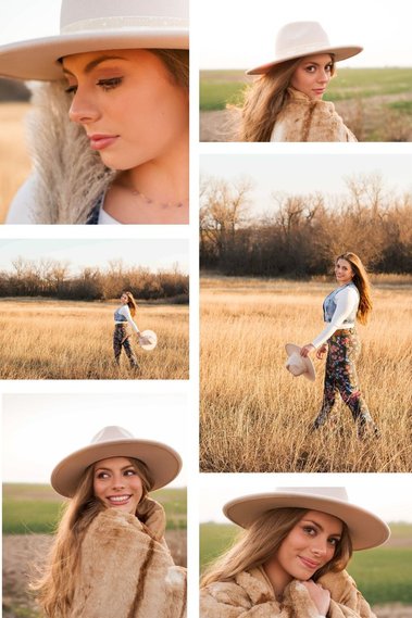 collage of images from a senior girl photo session that all have a western boho vibe taken in country fields in Oklahoma