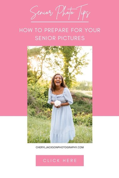 pink and white graphic of a girl senior picture with words about photo tips on how to prepare for senior photos