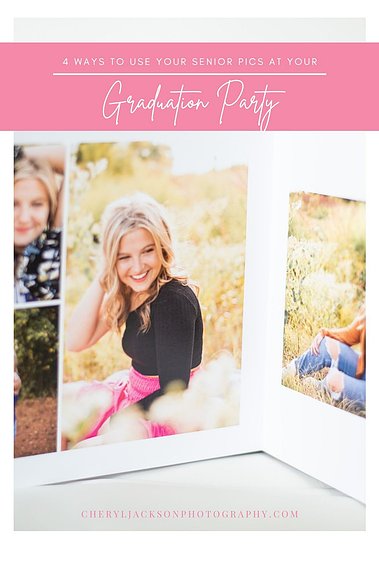 graphic with words 4 ways to use your senior pics at your graduation party with a photo of a custom photo album with senior pictures of a girl in it