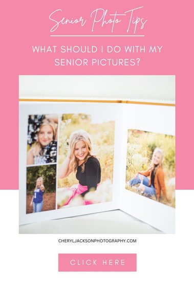 pink graphic with words about Senior Tips What should I do with my senior photos? Image of an open custom photo book with senior girl's pictures in it