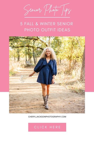 graphic with words senior photo tips 5 fall and winter senior photo outfit ideas with a picture of a senior girl in a blue dress with cowboy boots carrying flowers taken at Martin Nature Park in Oklahoma City