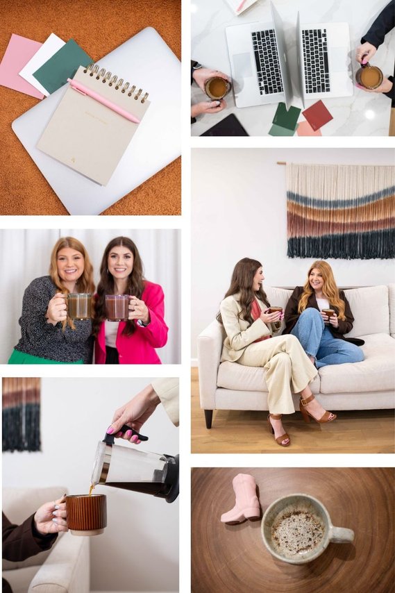 collage of images taken at a design team branding session with lifestyle shots, flat lays, concept shots and team photos