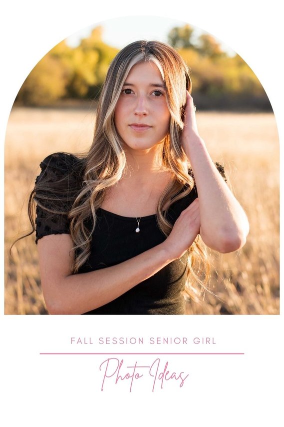 graphic with words Fall session senior girl photo ideas and a photo of a senior girl in a black top posing and smiling softly in a field with trees behind her near Oklahoma City