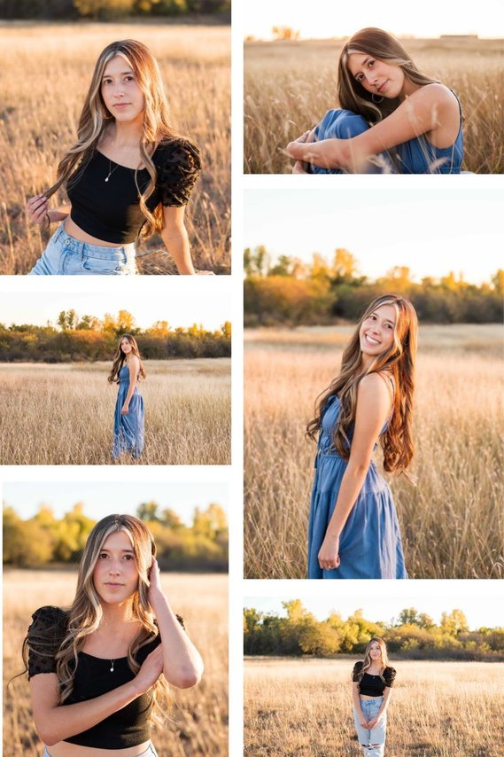 collage of photos from a high school senior photo session taken in a country field near OKC in the fall with different poses 