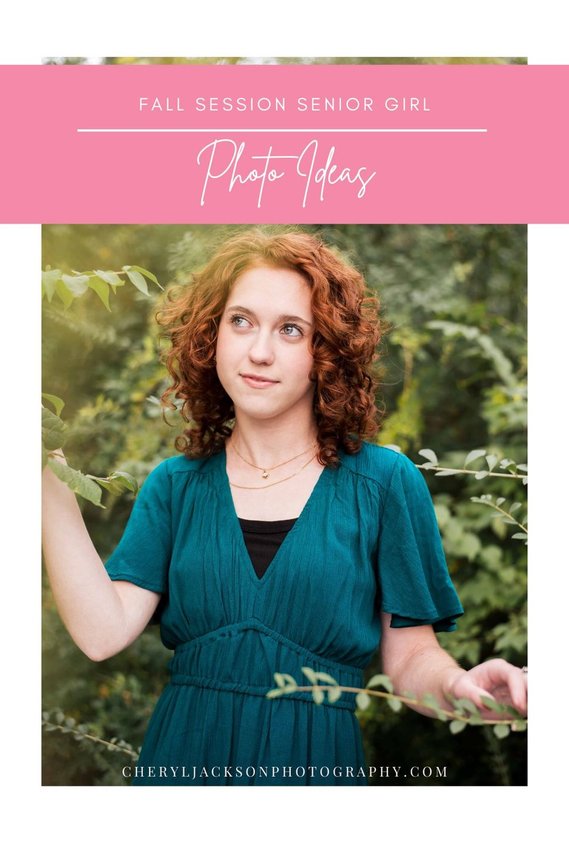 graphic with words fall session senior girl photo ideas with a photo of a red-headed senior girl wearing a teal green dress smiling off to the side standing with green foliage around her at Sutton Park in Norman, Oklahoma