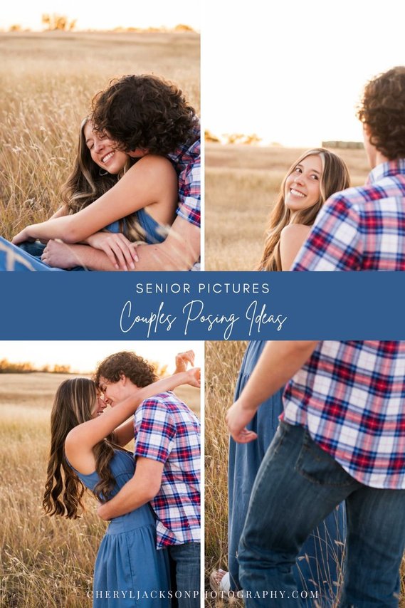 graphic with words senior pictures couples posing ideas and 3 photos of a teen couple in a field in Oklahoma