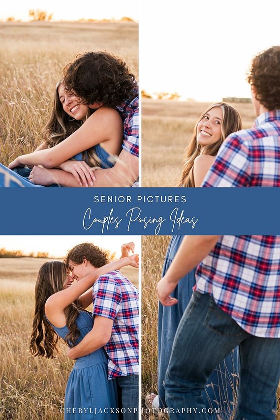 graphic with words senior pictures couples posing ideas and 3 photos of a teen couple in a field in Oklahoma