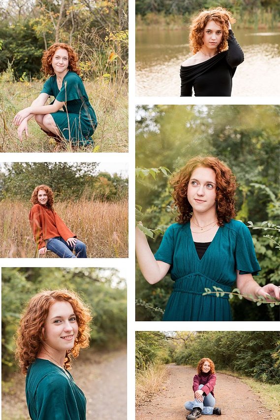 collage of photos from a senior girl session taken in a wooded park near Oklahoma City by Cheryl Jackson Photography