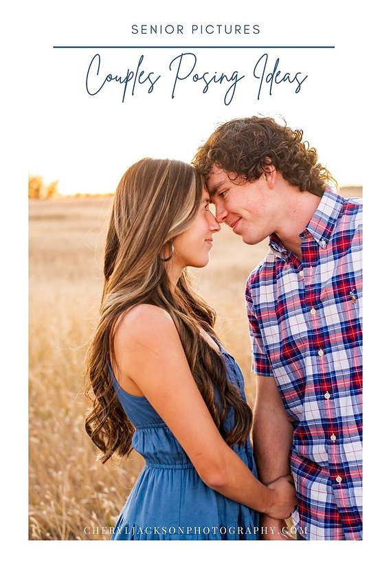 graphic with words senior pictures couples posing ideas and a photo of a teen couple standing together in a field in Oklahoma