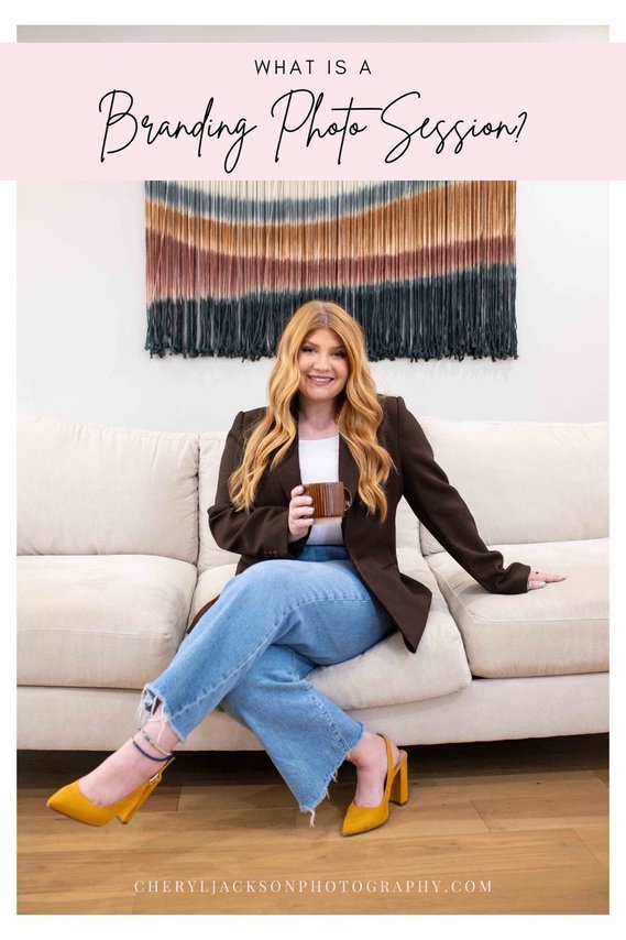 graphic that  says What is a branding photo session? and a website for an OKC based branding photographer with a lifestyle full body headshot of a young female business owner holding coffee sitting on a couch