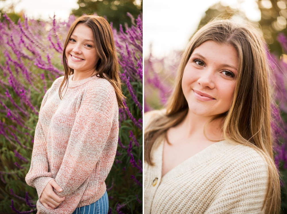 Two images side by side. Two different teen girls stand in front of purple flowers and smile at Will Rogers Gardens in Oklahoma City, Oklahoma