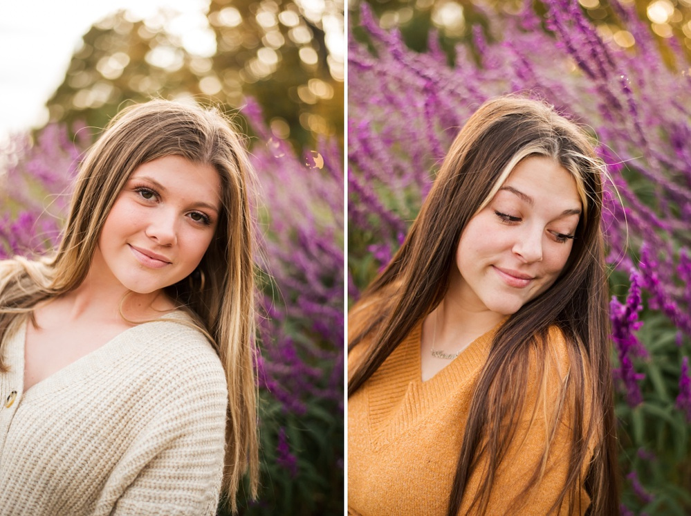 Two images side by side. Two different teen girls stand in front of purple flowers and smile at Will Rogers Gardens in Oklahoma City, Oklahoma