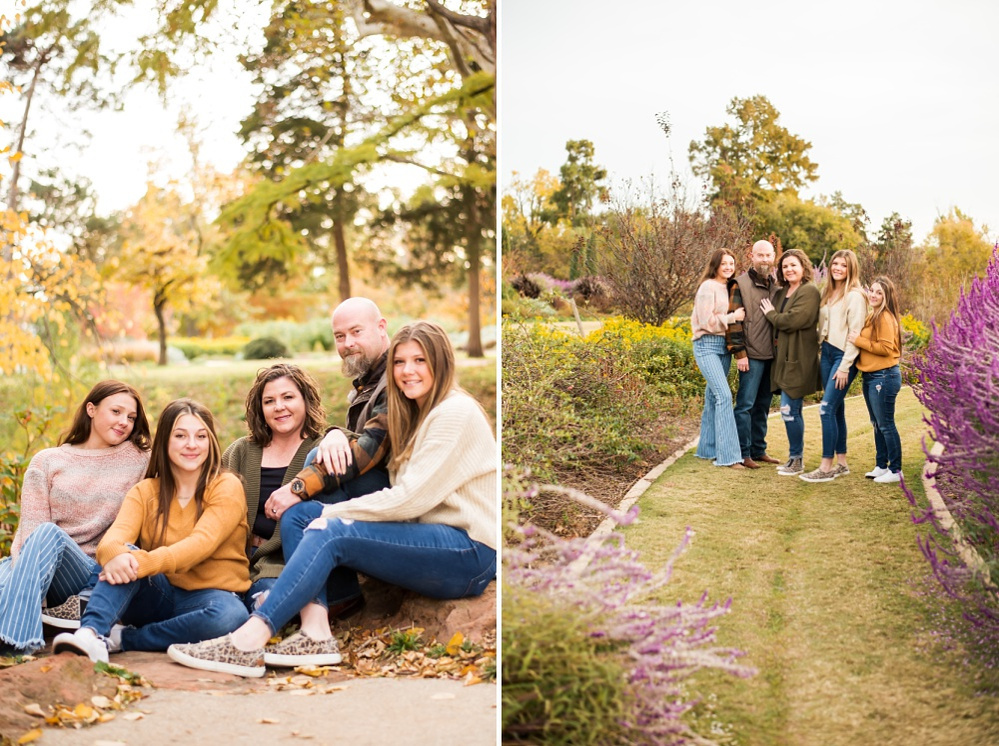 Side by side two images of a mom and dad with 3 teen daughters sitting and standing, smiling together on the rocks with fall color around them and in front of purple flowers at Will Rogers Gardens in Oklahoma City, Oklahoma