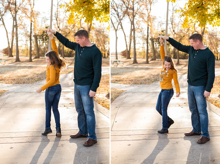 two similar images side by side of a dad twirling his daughter as she spins around on a sidewalk at a park in Moore, Oklahoma in the fall at a family photo session