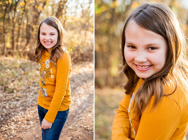 two images side by side of a young girl standing on a path in the woods with golden light behind her at a photo session in oklahoma