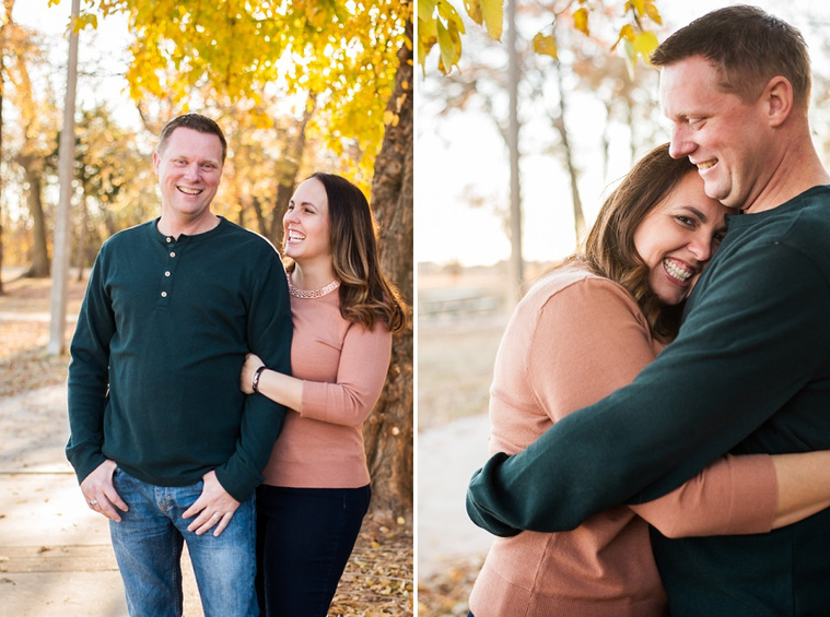 two side by side images, a husband and wife standing together and hugging each other and smiling at a park in Moore, Oklahoma in the fall at a family photo session