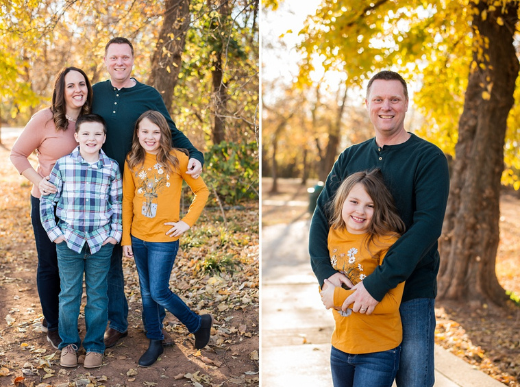 side by side images: a family of four stand together for a portrait in front of golden fall leaves; a dad stands with his young daughter and hugs her around the shoulders and smiles on a sidewalk at a park in Moore, Oklahoma for a family photo session