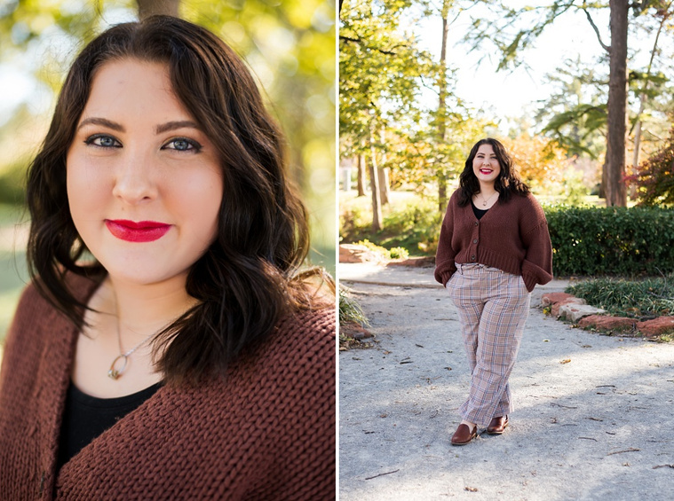 Two vertical images side by side  of professional photos of a senior girl on a path with colorful fall trees behind her at Will Rogers Gardens in Oklahoma City, Oklahoma