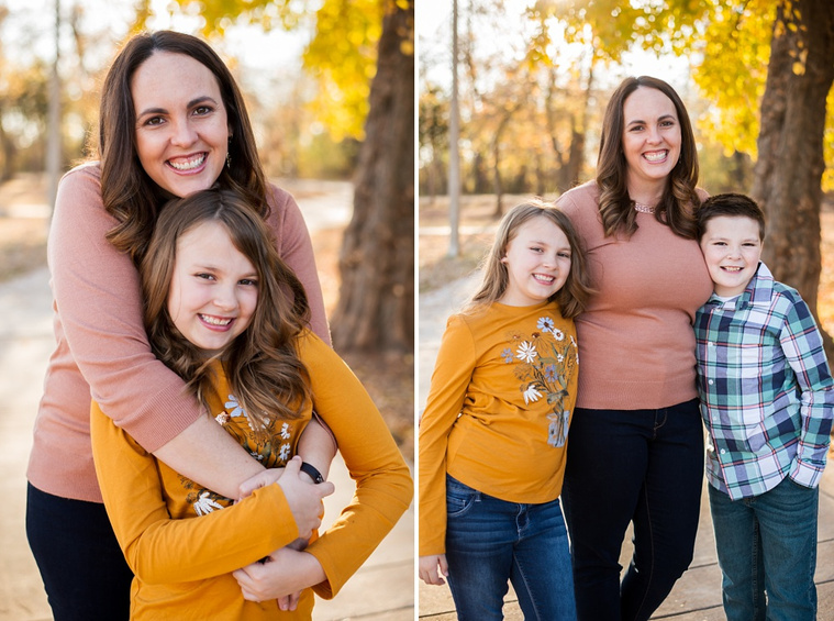 side by side images: a mom hugging her young daughter around the neck and both are smiling, the other is the mom standing with her son on one side and her daughter on the other and smiling at a family photo session in Moore, Oklahoma at a park in the fall