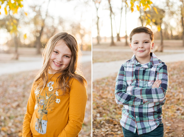 side by side portraits: a young girl and a young boy standing in a park in Moore, Oklahoma with fall color behind them at a family photo session