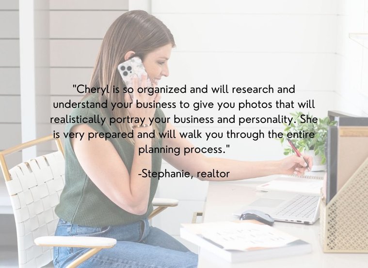 graphic with a branding client's review words in black over a photo of the client sitting at a desk on the phone taking notes at a realtor branding session in Newcastle, Oklahoma