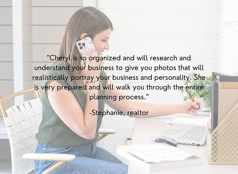 graphic with a branding client's review words in black over a photo of the client sitting at a desk on the phone taking notes at a realtor branding session in Newcastle, Oklahoma