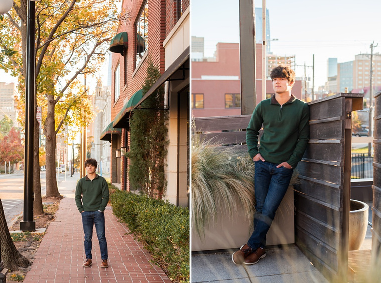 side by side photos of a hispanic high school senior boy wearing a green sweater and jeans standing on a city sidewalk with fall trees and on the rooftop of Coffee Slingers with golden grass and the downtown Oklahoma City skyline behind him