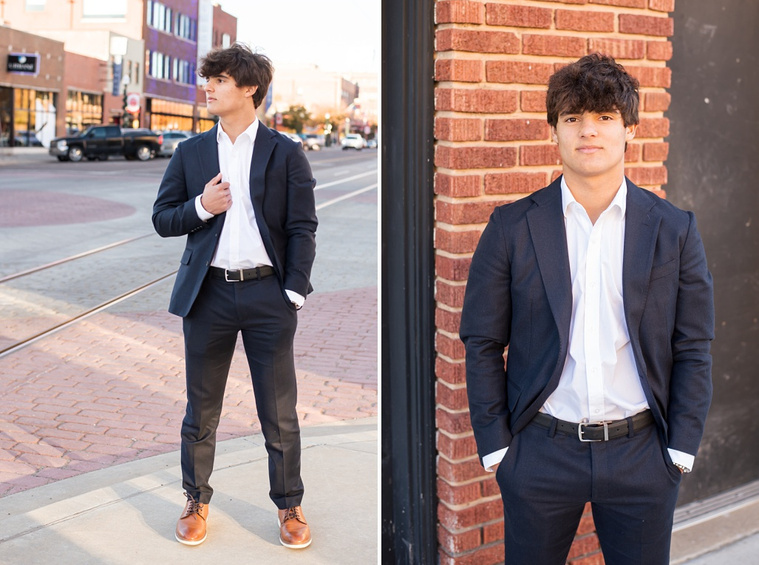 side by side portraits of a hispanic high school senior boy wearing a dark blue suit and white shirt standing on the sidewalk and against a brick wall in Automobile Alley in Oklahoma City