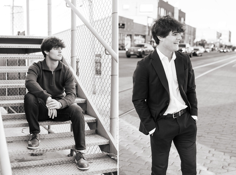 side by side portraits in black and white of a hispanic high school senior boy standing on the sidewalk laughing and sitting on stairs looking away in Automobile Alley in Oklahoma City