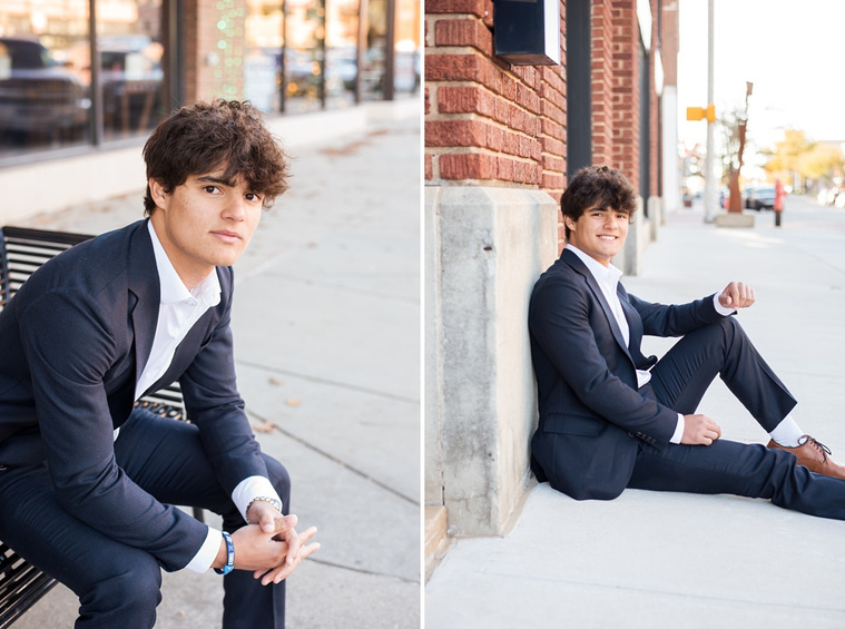 side by side portraits of a hispanic high school senior boy wearing a dark blue suit and white shirt sitting on a bench and against a wall with one leg up smiling in Automobile Alley in Oklahoma City