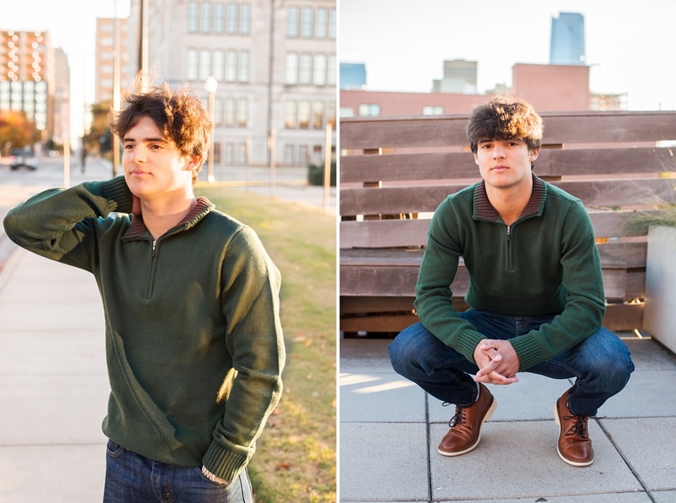 side by side portraits of a hispanic high school senior boy wearing a green sweater and jeans in downtown Oklahoma City and on the rooftop of Coffee Slingers in Automobile Alley