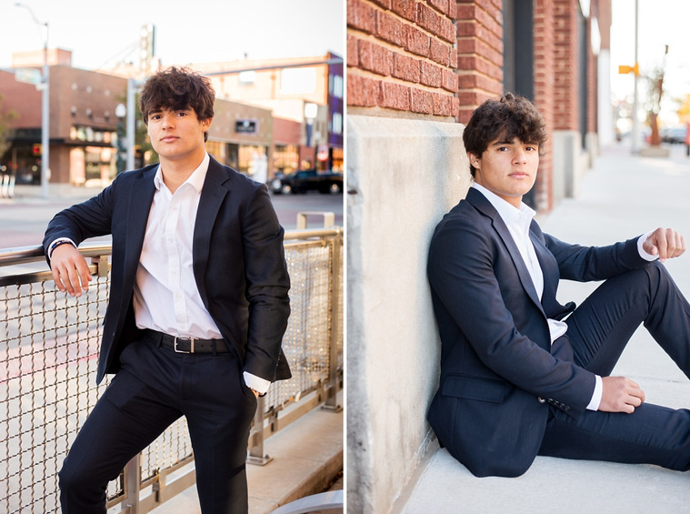 side by side portraits of a Hispanic high school senior boy wearing a dark blue suit and white shirt leaning against the street car fence and sitting up against a brick wall in Automobile Alley in Oklahoma City