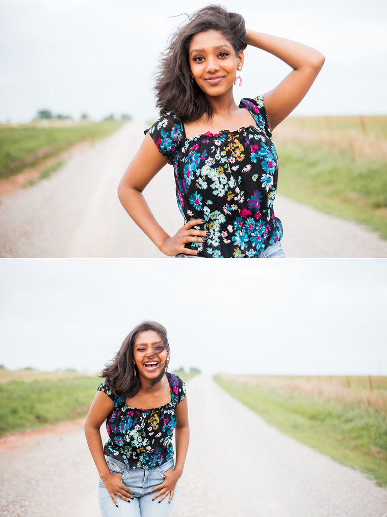 Senior girl poses on a gravel road in Oklahoma for a country photo session
