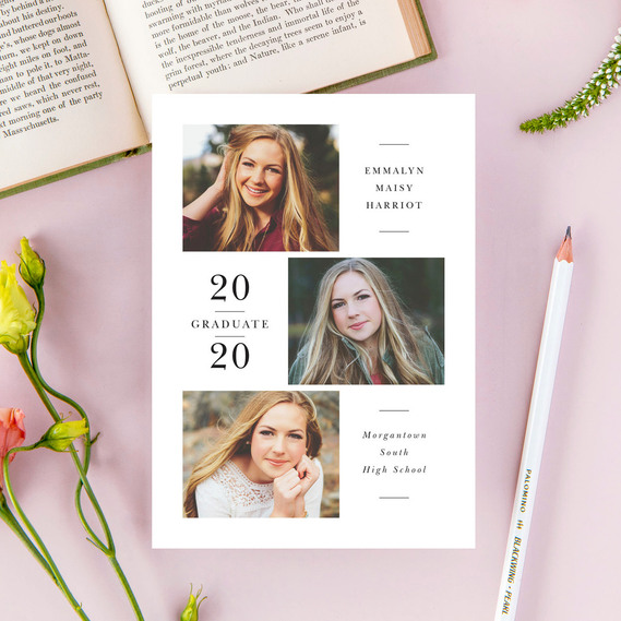 photo of a custom grad announcement card with a high school girl's senior photo surrounded by a pink background, a book and flowers