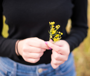 Close-up image of a girl's hands holding a small yellow wildflower bouquet