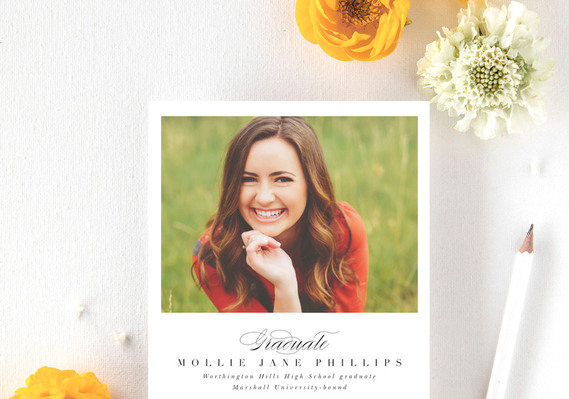 flat lay photo of a high school graduation announcement featuring senior photo session images of a girl with flowers around it