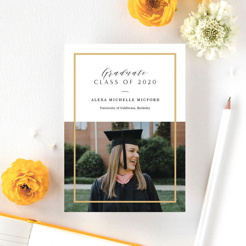 photo of a custom senior photo graduation announcement card with a white background and yellow flowers surrounding it