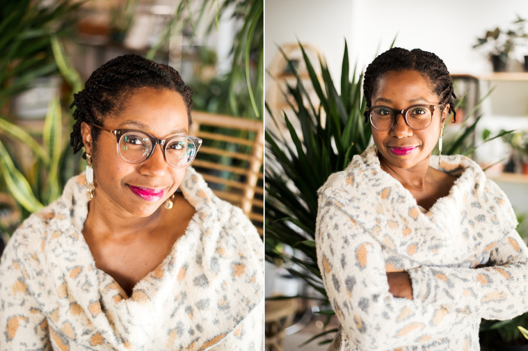 two images.  headshot of a professional woman. she stands with arms crossed and smiles in front of plants at a plant shop in Oklahoma City Oklahoma