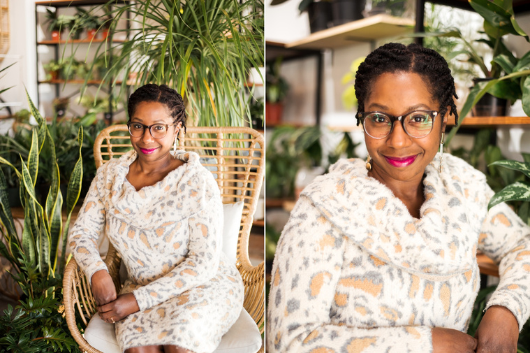 two images.  a professional woman sits in a wicker chair and smiles in front of plants at a plant shop in Oklahoma City Oklahoma. she stands with arm leaning on shelf of plants.