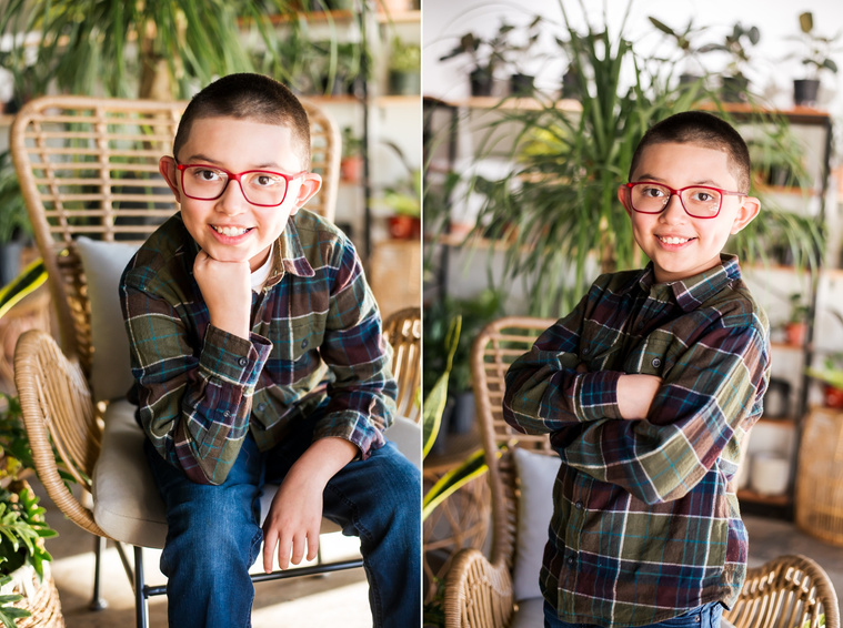 two images of a young boy at a plant shop in Oklahoma City Oklahoma. He sits in a wicker chair with his chin on his elbow, he stands with arms crossed and smiles
